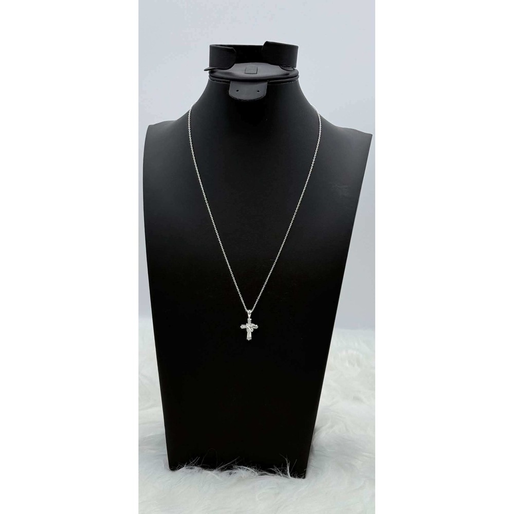 SU Sterling Silver 925 Italy Dove Cross Baguette CZ Necklace 18 Inch